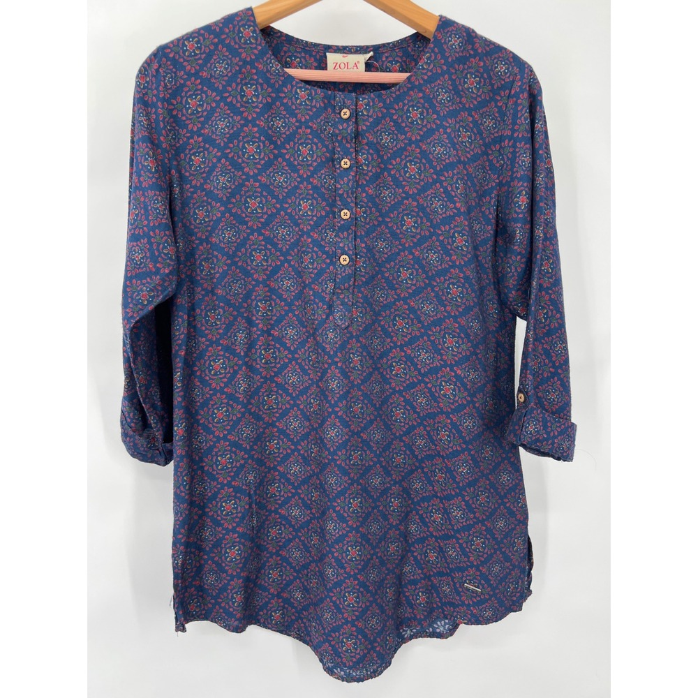 Zola Blue Floral Geometric Henley Tunic Top Roll Tab Sleeve Womens L Kurta‎